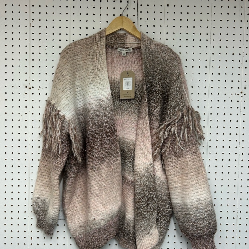 Frye And Co Long Sleeve Open Front Fringe Trim Spacedye Hombre Cardigan